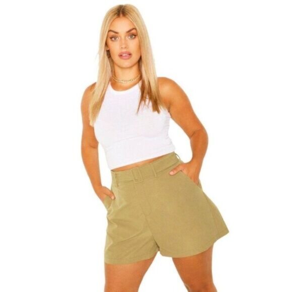 boohoo Women's Khaki Plus‎ Woven Self Fabric Belted Tailored Short - Picture 1 of 8
